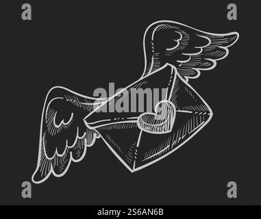 Umschlag oder Liebesbrief mit herzförmigem Siegel und Engelsflügeln Kreideskizze Valentinstag Objekt Korrespondenz und Nachrichtenübermittlung Feiertagspost oder Postwechsel Gruß oder Gratulation Porto. Valentinstag Post oder Post Liebesbrief in Umschlag mit Flügeln Stock Vektor