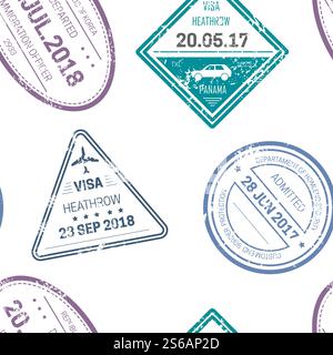 Reise- und Ländergrenzüberquerung Visumstempel oder Dichtungen nahtlose Muster Vektor Zollservice Datum und Land Ziel Reise Flughafen Abflug Verfahren Hintergrundbild drucken Einwanderung. Visumstempel oder -Siegel nahtlose Reisen und Grenzüberquerung Stock Vektor