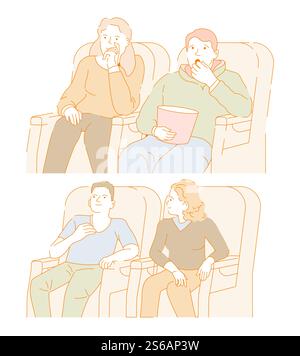 Kinosaal Mann und Frau mit Popcorn Date oder Freundschaftsvektor Film oder Film und sprechende Film Projektion Paar Mädchen, und Mann auf Sesseln Unterhaltung isolierte Charaktere Paare. Filme Mann und Frau im Kinosaal, die Filme sehen Stock Vektor