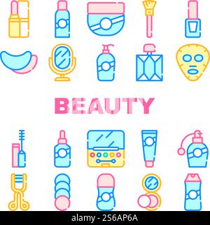 Schönheitssalon Zubehör Kollektion Icons Set Vektor. Lippenstift Und Puder, Beauty Gesichtsmaske Und Parfüm, Creme Und Shampoo, Spiegel Und Nagellack Konzept Lineare Piktogramme. Konturabbildungen. Schönheitssalon Zubehör Kollektion Icons Set Vektor Stock Vektor
