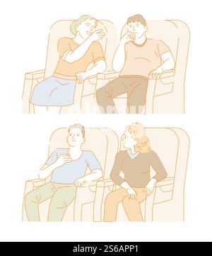 Kinosaal Mann und Frau Date oder Freundschaftsvektor Film oder Film sehen und lachen oder sprechen Film Projektion Paar Mädchen und Mann auf Sesseln oder Sitzplatz Unterhaltung isolierte Charaktere.. Filme Kinosaal Mann und Frau Date oder Freundschaft Stock Vektor