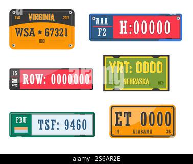 Auto Nummernschilder Fahrzeuglizenz amerikanische staaten isolierte Ikonen Vektor Virginia Nebraska und Alabama Ziffern und Buchstaben Transport Registrierung Automobilausrüstung Autocode Transport. Nummernschilder von Führerwagen isolierten Ikonen amerikanischer staaten Stock Vektor
