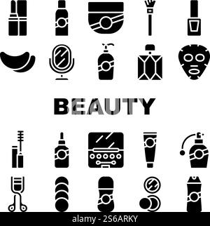 Schönheitssalon Zubehör Kollektion Icons Set Vektor. Lippenstift Und Puder, Beauty Gesichtsmaske Und Parfüm, Creme Und Shampoo, Spiegel Und Nagellack Glyph Piktogramme Schwarze Illustrationen. Schönheitssalon Zubehör Kollektion Icons Set Vektor Stock Vektor