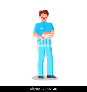Kieferorthopäden Arzt Medizinischer Arbeiter Hold Kiefer Vektor. Kieferorthopäden Junger Mann In Krankenhausuniform Mit Zähnen In Den Händen. Charakterzahnarzt Klinik Zahnarzt Flat Cartoon Illustration. Kieferorthopäden Arzt Medizinischer Arbeiter Hold Kiefer Vektor Stock Vektor
