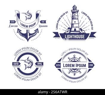 Marine- oder nautische Symbole isolierte Symbole Vektoranker und Rührrad Leuchtturm Marlin und Leuchtfeuer einfarbiges Emblem oder Logo unter Wasser, Tiere Suchscheinwerfer und Schiffsteile Fisch und Bau. Nautische oder Marine Symbole und Fische isolierte monochrome Symbole Stock Vektor