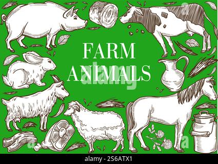 Rind- und Nutztierhaltung Rahmenplakat Landwirtschaft Vektor Schweine- oder Schweine- und Kuhmilch Pferd und Schafhammel- oder Kalbfleisch Ziegen- und Kaninchenfleisch Stroh und Klee Ackerland und Landwirtschaft. Nutztiere Rahmen-Poster Rinder- und Viehzucht Stock Vektor