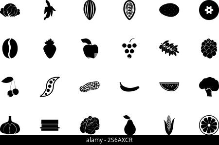 Lebensmittel Obst Gemüse schwarze Farbe Set feste Stil Vektor Illustration. Lebensmittel Obst Gemüse Schwarzes Farbset einfarbiges Bild Stock Vektor
