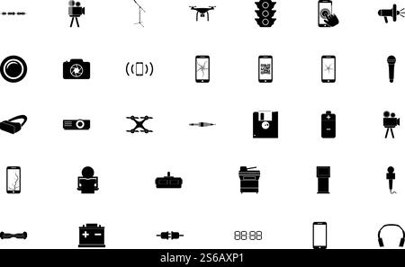 Elektronik Schwarz Farbe Set Solid Style Vektor Illustration. Schwarzweiß-Elektronik-Farbset-Solid-Style-Bild Stock Vektor