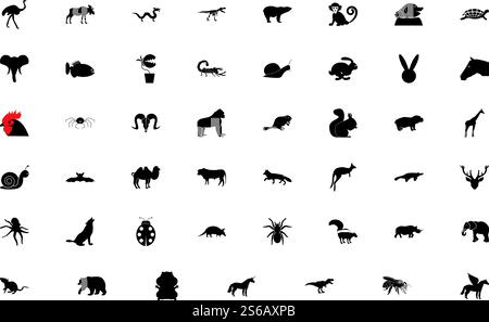 Wilde Tiere schwarze Farbe Set Solid Style Vektor Illustration. Wild Animals Schwarzes Farbset einfarbiges Bild Stock Vektor
