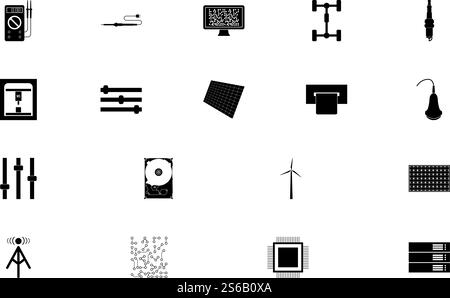Industrielle Elektronik schwarz Farbe Set Solid Style Vektor Illustration. Schwarzes Farbset für Industrieelektronik, einfarbiges Bild Stock Vektor