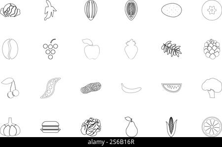 Lebensmittel Obst Gemüse Schwarz Farbe Set Umrissstil Vektor Illustration. Lebensmittel Obst Gemüse Schwarzes Farbset Umrissstil Bild Stock Vektor