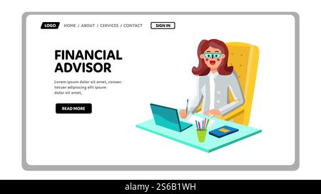 Finanzberater Arbeit In Office Workplace Vektor. Finanzberaterin, Die Mit Dem Finanzbericht An Laptop Arbeitet. Character Financier Business Web Flat Cartoon Illustration. Finanzberater Arbeit In Office Workplace Vektor Stock Vektor