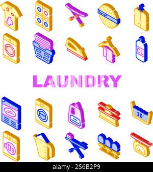 Wäscheservice Service Tool Collection Symbole Set Vektor. Wäsche- Und Trockenmaschine, Schmutzige Und Saubere Kleidung, Isometrische Schilderfarben-Illustrationen Für Waschpulver Und Conditioner. Wäscheservice Service Tool Collection Symbole Set Vektor Stock Vektor