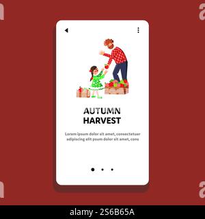 Herbsternte Äpfel Familienbesetzung Vektor. Mann Vater Und Mädchen Tochter Herbst Ernte Reife Früchte In Orchard. Charaktere Harvesters Arbeiten In Garten Web Flat Cartoon Illustration. Herbsternte Äpfel Familienbesetzung Vektor Stock Vektor