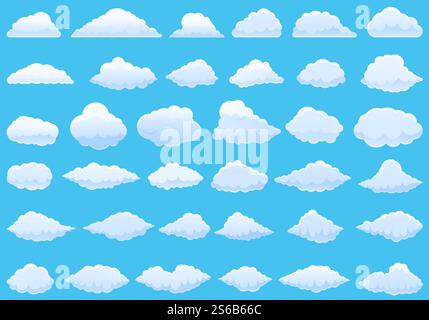 Wolkensymbole festgelegt. Zeichentricksatz von Wolkenvektorsymbolen für Webdesign. Wolken-Symbole gesetzt, Cartoon-Stil Stock Vektor