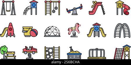 Symbole für Kinderspielplätze. Umrisssatz von Kinderspielplatz-Vektorsymbolen für Webdesign isoliert auf weißem Hintergrund. Kinderspielplatz-Ikonen-Set, umrissener Stil Stock Vektor