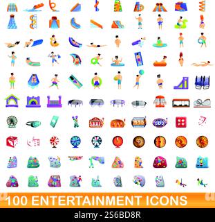 100 Entertainment-Symbole eingestellt. Zeichentrickillustration von 100 Unterhaltungssymbolen Vektor auf weißem Hintergrund lokalisiert. 100 Unterhaltungssymbole im Zeichentrickstil Stock Vektor