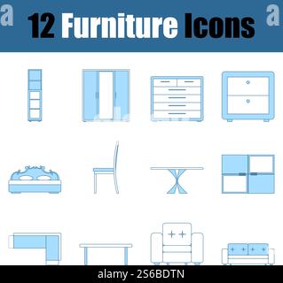 Möbel Icon Set. Dünne Linie Mit Blauem Fill-Design. Vektorgrafik. Stock Vektor