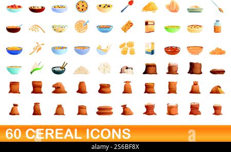 60 Symbole für Getreide. Zeichentrickillustration von 60 Getreide Icons Vektor-Satz isoliert auf weißem Hintergrund. 60 Müsliensätze im Cartoon-Stil Stock Vektor