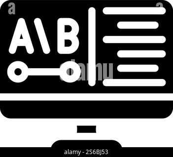 Überprüfen Sie den Glyphen-Symbolvektor auf dem Computerbildschirm. Überprüfen Sie das Schild auf dem Computerbildschirm. Schwarze Abbildung des isolierten Kontursymbols. Sehen Sie sich die Illustration des Glyph-Symbols auf dem Computerbildschirm an Stock Vektor