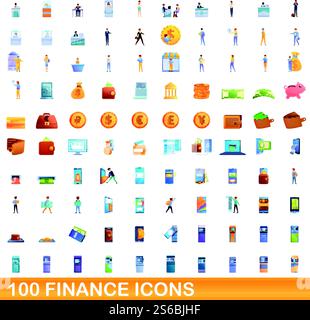 100 Symbole für Finanzen festgelegt. Cartoon-Illustration von 100 Finanzsymbolen Vektor auf weißem Hintergrund. 100 Finanzsymbole im Zeichentrickstil Stock Vektor