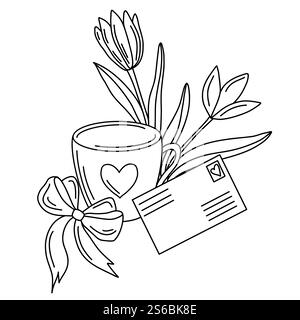 Umrisse Hand gezeichnete Valentinsvektor-Illustration mit einem Becher mit einem Herzdesign, einem Blumenstrauß aus Tulpen, Schleife und einem Liebesbrief. Eine charmante Compo Stock Vektor