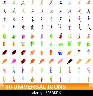 100 universelle Symbole. Zeichentrickillustration von 100 universellen Symbolen Vektor-Satz isoliert auf weißem Hintergrund. 100 universelle Symbole im Cartoon-Stil Stock Vektor