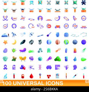 100 universelle Symbole. Zeichentrickillustration von 100 universellen Symbolen Vektor-Satz isoliert auf weißem Hintergrund. 100 universelle Symbole im Cartoon-Stil Stock Vektor