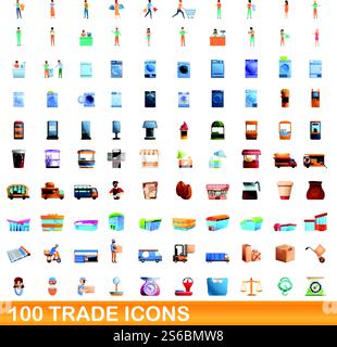 100 Symbole für Handel. Cartoon-Illustration von 100 Handel Icons Vektor-Set isoliert auf weißem Hintergrund. 100 Traditionssymbole, Zeichentrickstil Stock Vektor