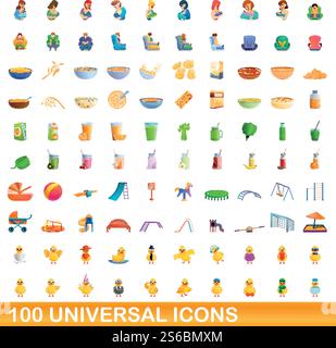 100 universelle Symbole. Zeichentrickillustration von 100 universellen Symbolen Vektor-Satz isoliert auf weißem Hintergrund. 100 universelle Symbole im Cartoon-Stil Stock Vektor