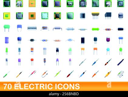 70 elektrische Symbole eingestellt. Zeichentrickillustration von 70 elektrischen Icons Vektorsatz isoliert auf weißem Hintergrund. 70 elektrische Symbole im Zeichentrickstil Stock Vektor