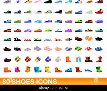 80 Symbole für Schuhe. Zeichentrickillustration von 80 Schuhen Icons Vektor-Set isoliert auf weißem Hintergrund. 80 Schuhe Ikonen Set, Cartoon-Stil Stock Vektor
