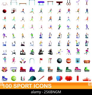 100 Sportsymbole eingestellt. Cartoon-Illustration von 100 Sport-Icons Vektor-Set isoliert auf weißem Hintergrund. 100 Sportsymbole im Zeichentrickstil Stock Vektor