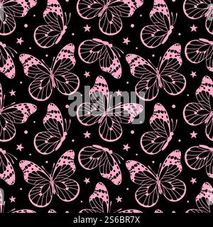 Diese Vektor-Illustration zeigt ein bezauberndes Muster von Schmetterlingen im Emo-Stil, rosa und schwarz. Perfekt für kühne Designs, Mode und Jugendliche Kunst Stock Vektor