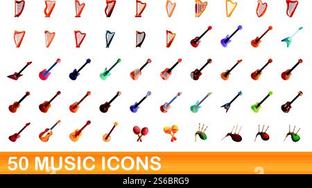 50 Musiksymbole eingestellt. Zeichentrickillustration von 50 Musiksymbolen Vektor-Set isoliert auf weißem Hintergrund. 50 Musiksymbole im Zeichentrickstil Stock Vektor