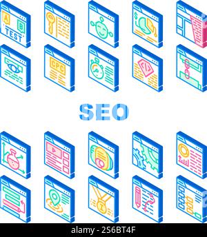 Seo Suchmaschinenoptimierungssymbole Setzen Vektor. Seo Copywriting And Monitoring, Content And Analyzing, Settings And Links Collection Concept Linear Piktogramme. Farbige Konturabbildungen. Seo Suchmaschinenoptimierungssymbole Setzen Vektor Stock Vektor
