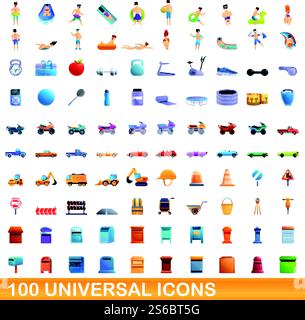 100 universelle Symbole. Zeichentrickillustration von 100 universellen Symbolen Vektor-Satz isoliert auf weißem Hintergrund. 100 universelle Symbole im Cartoon-Stil Stock Vektor