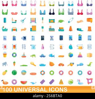 100 universelle Symbole. Zeichentrickillustration von 100 universellen Symbolen Vektor-Satz isoliert auf weißem Hintergrund. 100 universelle Symbole im Cartoon-Stil Stock Vektor