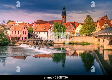 Lauf an der Pegnitz, Deutschland. Blick auf die Altstadt mit der Johanniskirche vor der Pegnitz - Mittelfranken, Bayern. Stockfoto