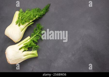 Haufen getrockneter Fenchelsamen in Holzlöffel mit frischen Fenchelzwiebeln, duftende krautige Pflanze (Foeniculum vulgare) Stockfoto