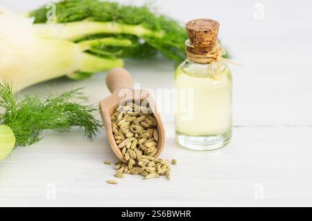 Glasflasche mit ätherischem Fenchelöl mit Fenchelsamen und Zwiebeln auf Holztisch. Kräuter-Alternativmedizin-Hintergrundkonzept Stockfoto