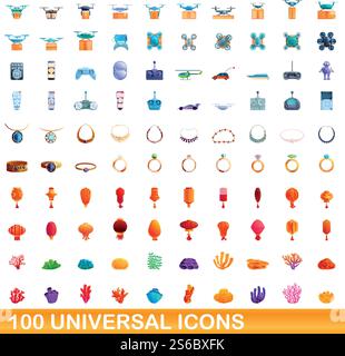 100 universelle Symbole. Zeichentrickillustration von 100 universellen Symbolen Vektor-Satz isoliert auf weißem Hintergrund. 100 universelle Symbole im Cartoon-Stil Stock Vektor