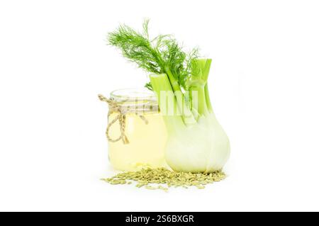 Glasflasche des ätherischen Fenchelöls mit Fenchelsamen und Knolle isoliert auf weißem Hintergrund. Kräuter Alternative Medizin Konzept (Foeniculum vulgare) Stockfoto