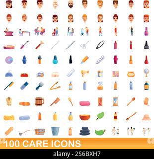 100 Einstellungen für Care-Symbole. Cartoon-Illustration von 100 Care-Icons Vektor-Set isoliert auf weißem Hintergrund. 100 Pflegesymbole im Cartoon-Stil Stock Vektor