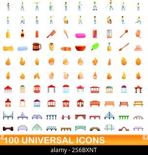 100 universelle Symbole. Zeichentrickillustration von 100 universellen Symbolen Vektor-Satz isoliert auf weißem Hintergrund. 100 universelle Symbole im Cartoon-Stil Stock Vektor