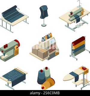 Isometrie nähen. Bekleidungsstickerei Produktion Textilherstellung Vektorbilder Set. Abbildung: Schneiderei- und Nähausrüstung, Schneidermaschine. Isometrie nähen. Bekleidungsstickerei Produktion Textilherstellung Vektorbilder Set Stock Vektor