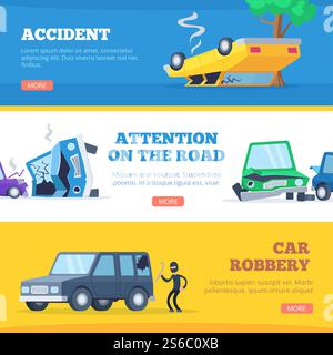 Autounfälle. Beschädigte und kaputte Autos Szene von Carsh Carsh Autos Vektorbilder für Banner. Auto-Crash, Kollisionsfahrzeug, Autoschaden und beschädigte Abbildung. Autounfälle. Beschädigte und kaputte Autos Szene von Carsh Carsh Autos Vektorbilder für Banner Stock Vektor