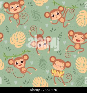 Affenmuster. Wilde kleine Tiere Schimpansen spielen auf Dschungelbaum Textil Design Projekt Vektor nahtlose Zeichentrickhintergrund. Muster mit Affenschimpansen, Primatenfigur. Affenmuster. Wilde kleine Tiere Schimpansen spielen auf Dschungelbaum Textil Design Projekt Vektor nahtlose Zeichentrickhintergrund Stock Vektor