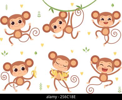 Niedliche Affen. Dschungel wilde Tiere Baby kleine Affen spielen Vektorfiguren in Action-Posen. Glücklicher Affe und Schimpanse mit Bananenillustration. Niedliche Affen. Dschungel wilde Tiere Baby kleine Affen spielen Vektorfiguren in Action-Posen Stock Vektor