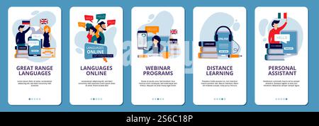 Onboarding-Bildschirme. Sprachschule Online Fernunterricht Web-Tutorials Mobile App Design Vektor Layout Vorlage. Illustration von Kursschulung, Webinar und Lehre. Onboarding-Bildschirme. Sprachschule Online Fernunterricht Web-Tutorials Mobile App Design Vektor Layout Vorlage Stock Vektor